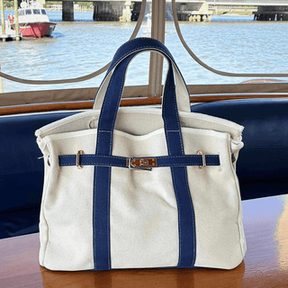 Boatkin Bag With Navy Straps on a boat