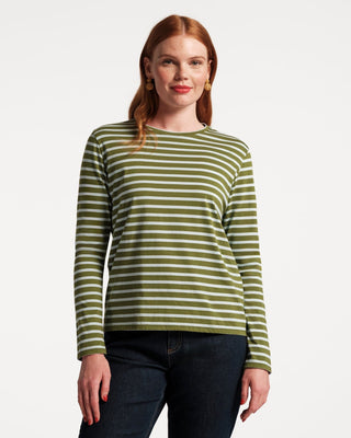 Frances Valentine Long Sleeve Striped Tee Shirt Olive/Light Blue
