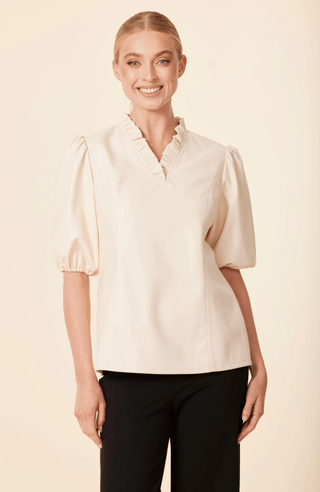 Dolce Cabo Vegan Leather Ruffle Neck Top
