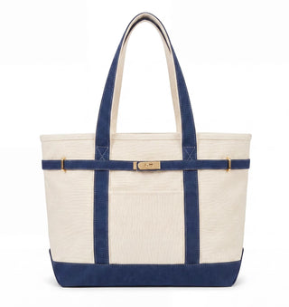 Boatkin zip-top canvas boat tote in navy with contrast straps and gold hardware