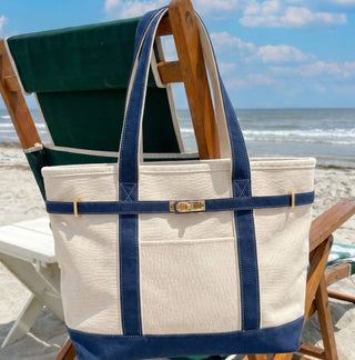Boatkin Zip Tote Navy on the beach