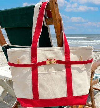 Red Boatkin Bag with Zip top on the beach