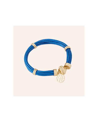 Blue leather bracelet with gold accents