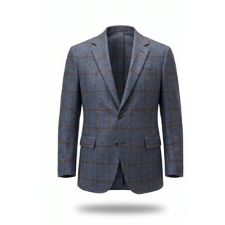 Coppley Gibson sport coat, front view — heathered slate-blue Loro Piana wool with rust windowpane check, two-button, notch lapel, patch pockets, ghost mannequin on white background.