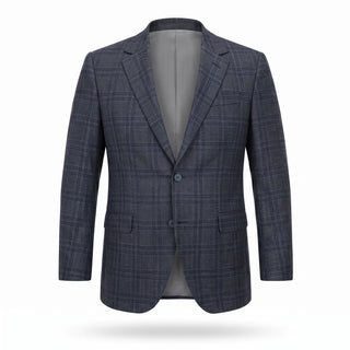 Coppley grey and navy plaid sport coat, front view on white background