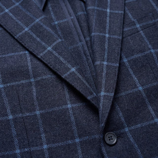 Coppley navy and light blue windowpane sport coat fabric close-up