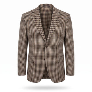 Coppley tan, navy and brown houndstooth sport coat, front view on white background