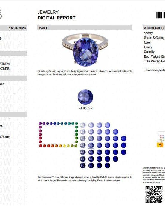 Diamond Mines Rings 6.45 Ct Tanzanite & 0.20Ct Diamonds, 14 kt. White gold ring
