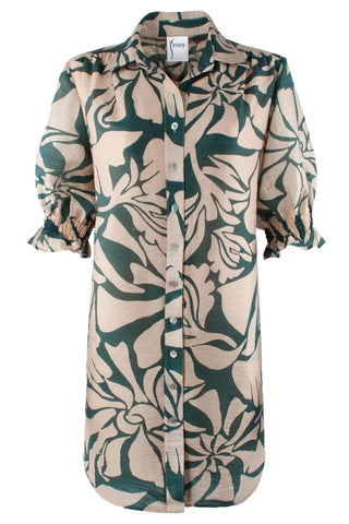 Finley Miller puff sleeve shirt dress in Stepping Stones pine and nude print, front view