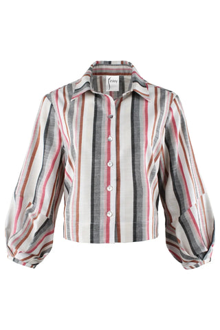 A women's long-sleeve button-up shirt with a vertical stripe pattern in white, gray, pink, and brown, featuring balloon sleeves and a pointed collar.