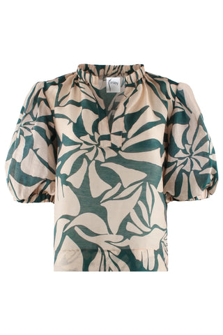 Front view of the Finley Marcie popover blouse in green and natural stepping stones print, featuring a V-neckline, puff sleeves with elasticized cuffs, and hem side slits.