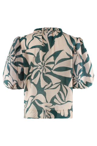 Back view of the Finley Marcie popover blouse in green and natural stepping stones print, showing the boxy fit and elbow-length puff sleeves.