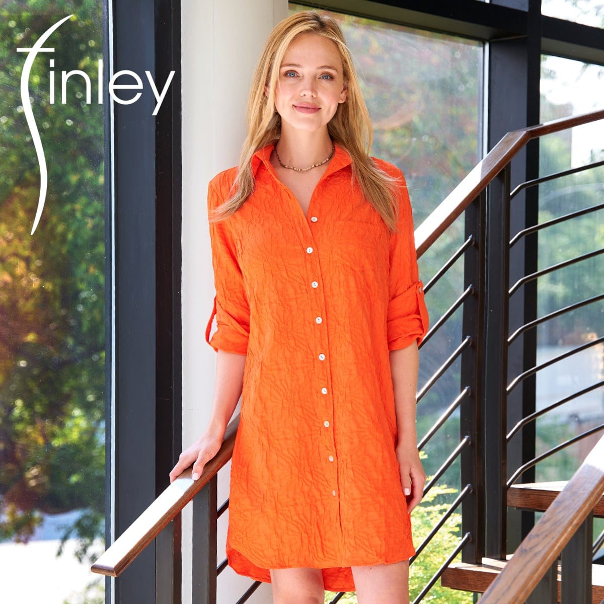 Finley Shirts Women's Shirts & Tops Orange / XS Finley Alex Textured Jacquard Midi Shirtdress
