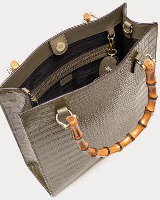 Nan Tote w/Bamboo Handle Croc Emboss Leather Olive
