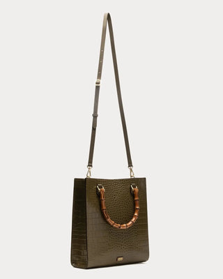 Nan Tote w/Bamboo Handle Croc Emboss Leather Olive