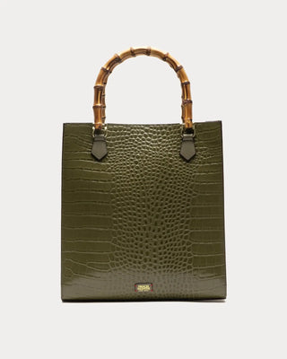 Nan Tote w/Bamboo Handle Croc Emboss Leather Olive