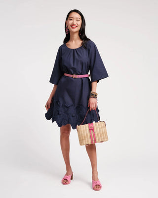 Zinnia Navy Dress with floral hem, pink belt & bag.