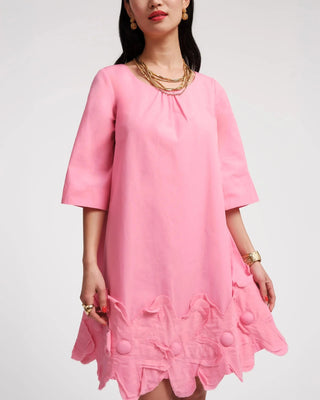 Pink zinnia dress on woman