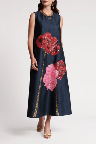 Alice Midi Dress Poppy Poly Dupion Navy/Multi