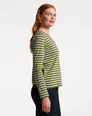 Frances Valentine Long Sleeve Striped Tee Shirt Olive/Light Blue - Planters Exchange
