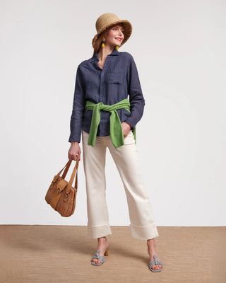 Navy linen shirt and cream pants outfit