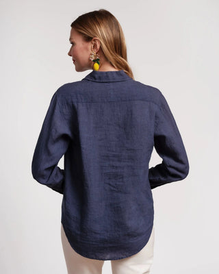 Navy linen shirt on woman