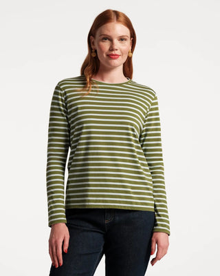 Frances Valentine Long Sleeve Striped Tee Shirt Olive/Light Blue - Planters Exchange