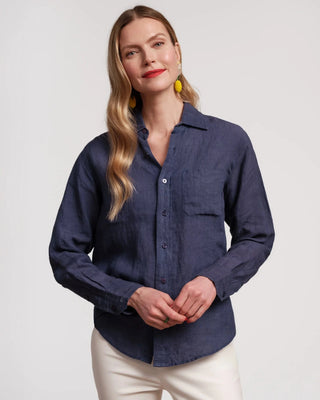 Navy linen shirt on woman