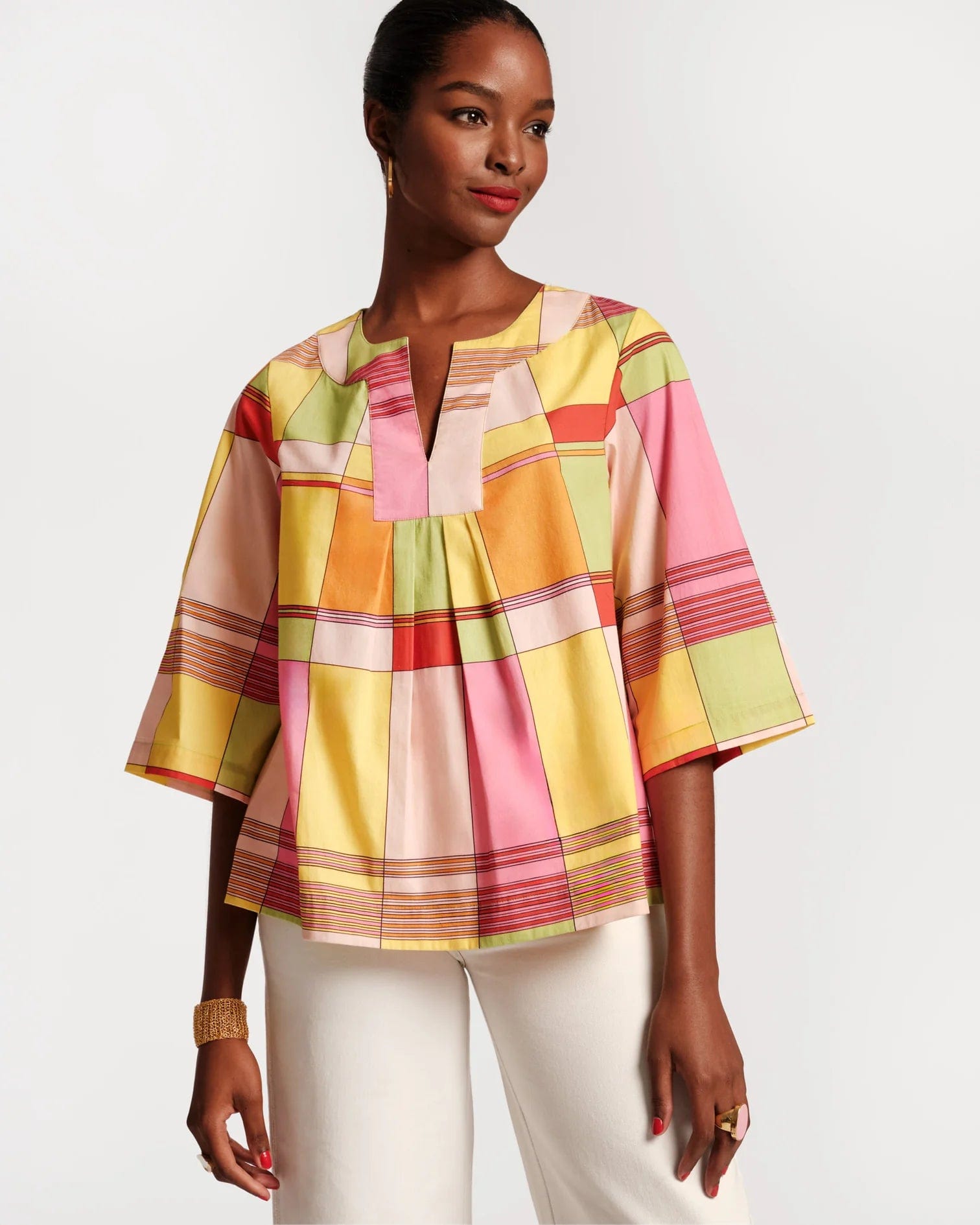 Frances Valentine Women's Shirts & Tops Yellow Multi / S Frances Valentine Easy Top Colorblock Plaid