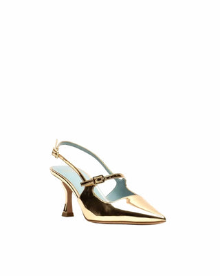 A single metallic gold slingback high heel shoe with a pointed toe and a small gold buckle detail, shown against a solid light gray background.