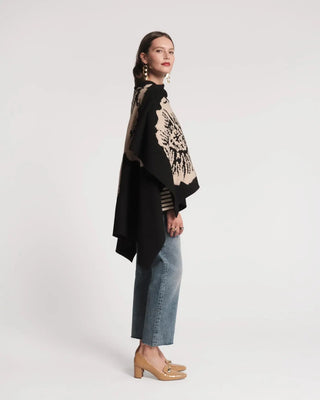 Ginny Wrap Carefree Chrysanthemum Jacquard Wool Blend Black/Camel