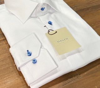 Hagen White Steep Twill Dress Shirt w/ Blue Buttons
