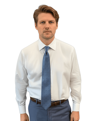 Man wearing a white Hagen dress shirt