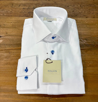 Hagen White Steep Twill Dress Shirt w/ Blue Buttons