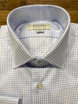 Hagen Carmel Men's Dress Shirts White and Blue Grid Pattern in 100% Cotton with spread collar and tailored fit 