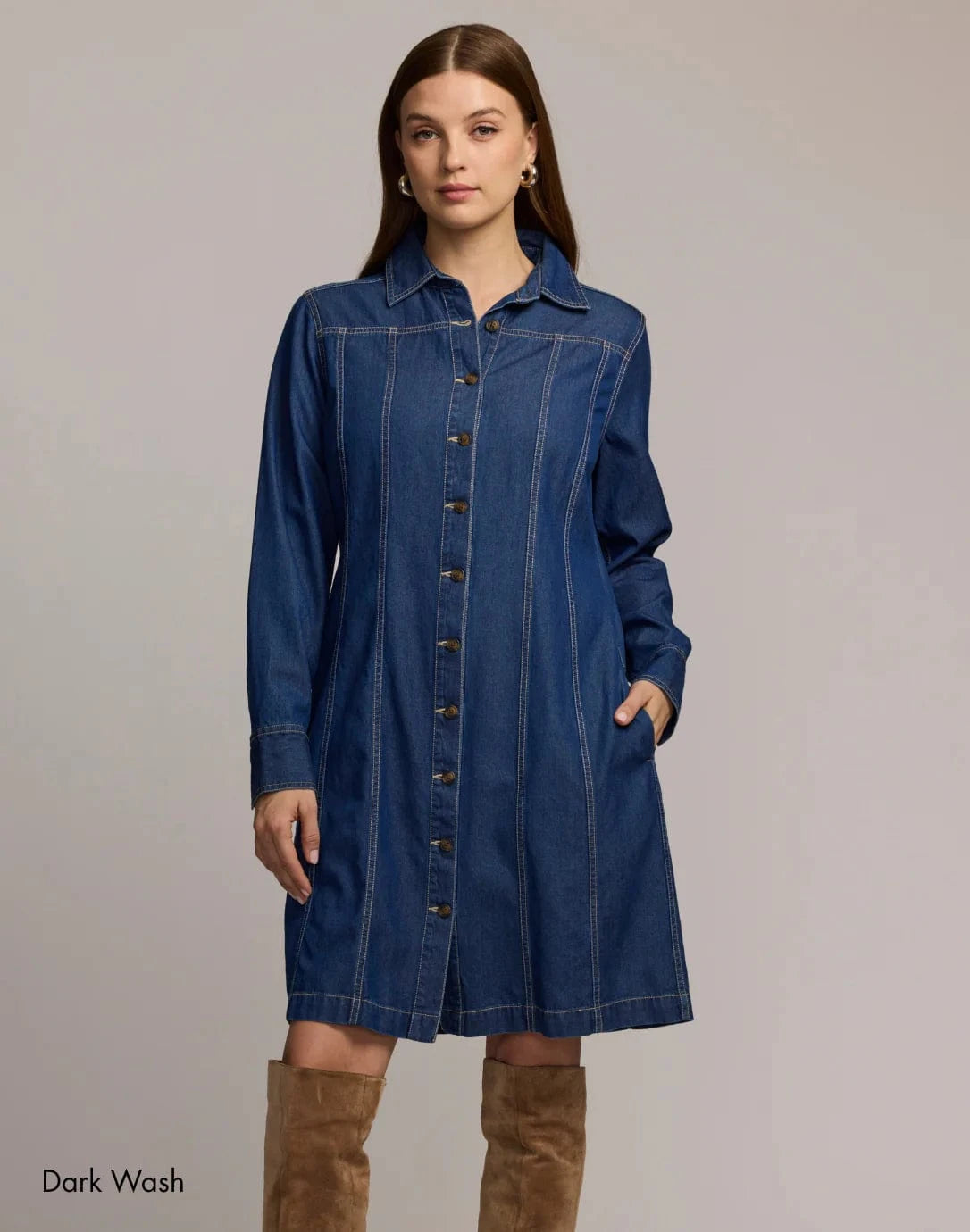 white christmas dresses Sabrina Long Sleeve Denim Dress Dark Wash / L