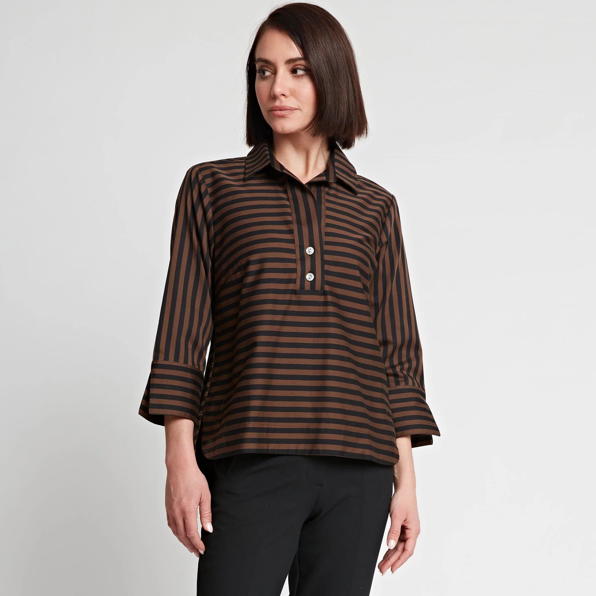 Hinson Wu Women's Shirts & Tops Aileen 3/4 Sleeve Black Stripe/Gingham Combo Top
