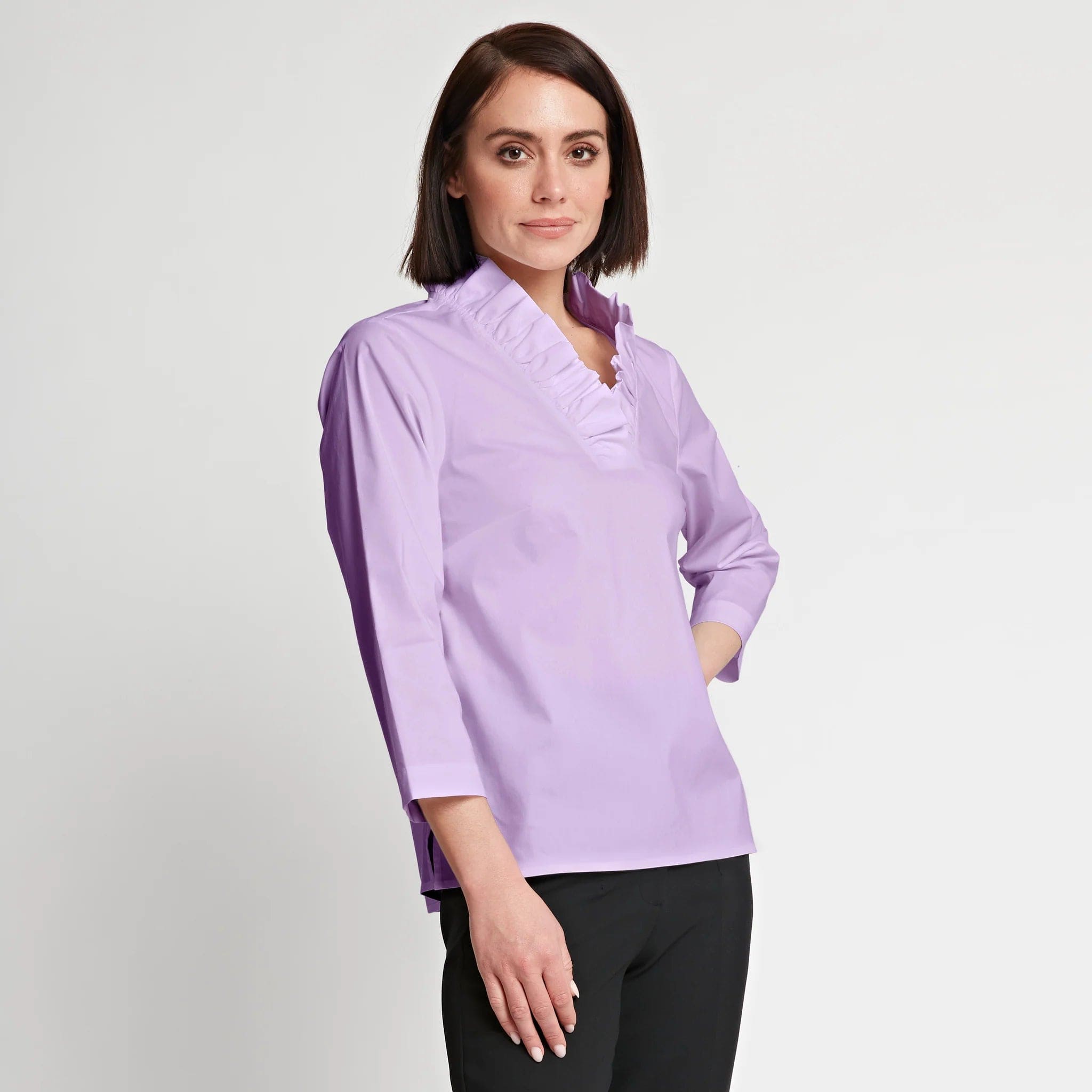 Hinson Wu Women's Shirts & Tops Amethyst / Extra Small Helena 3/4 Sleeve Ruffle Neck Cotton Top