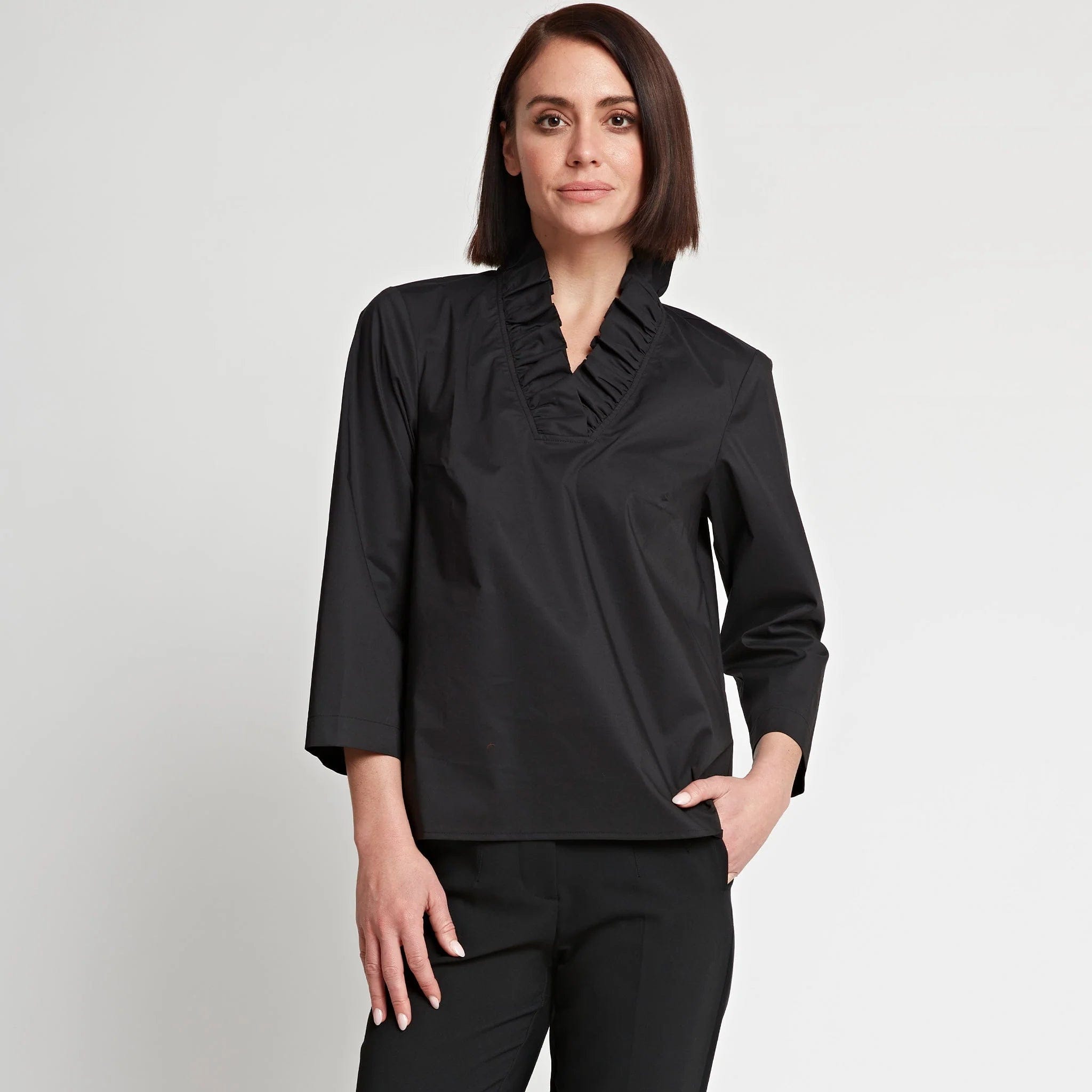 Hinson Wu Women's Shirts & Tops Black / Extra Small Helena 3/4 Sleeve Ruffle Neck Cotton Top