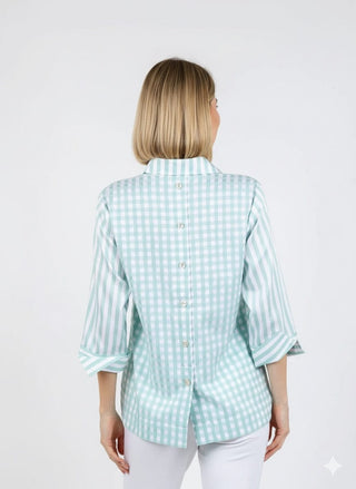 Hinson Wu Aileen 3/4 Sleeve Stripe/Gingham Combo Top - Planters Exchange