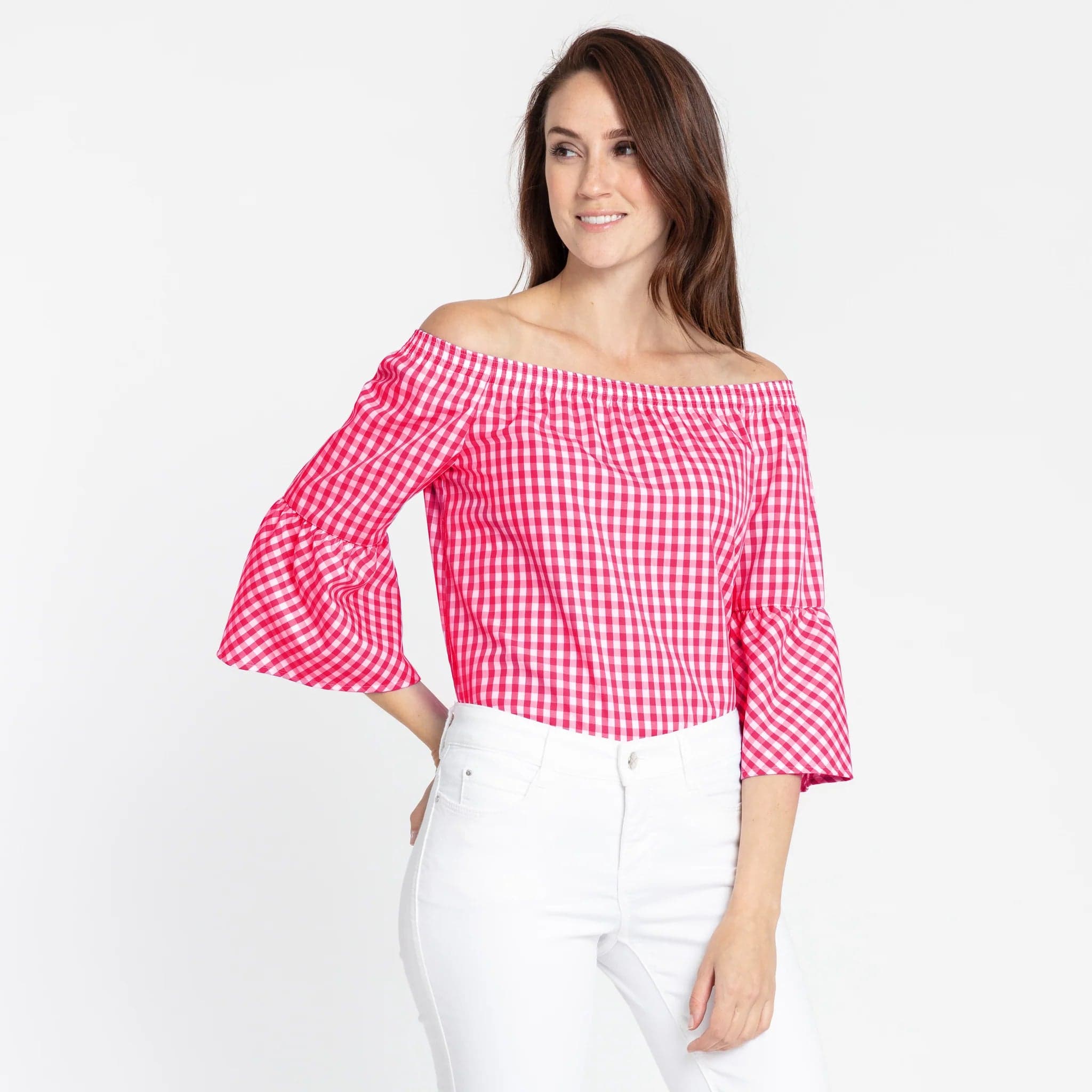 Hinson Wu Women's Shirts & Tops Magenta/White / Extra Small Lena Off Shoulder 3/4 Sleeve Mini Gingham Top
