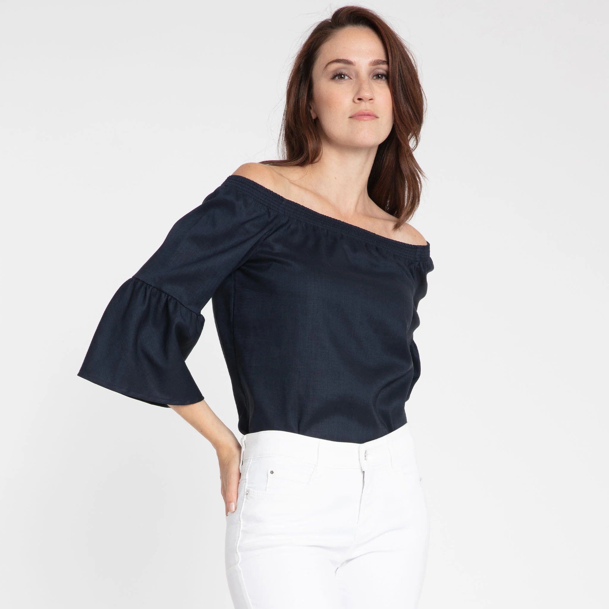 Hinson Wu Women's Shirts & Tops Navy / Extra Small Lena Off Shoulder 3/4 Sleeve Luxe Linen Top