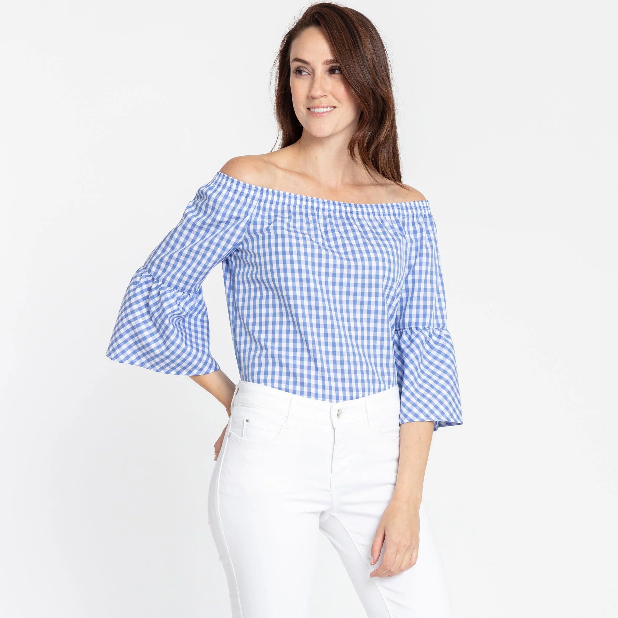 Hinson Wu Women's Shirts & Tops Sky Blue/White / Extra Small Lena Off Shoulder 3/4 Sleeve Mini Gingham Top