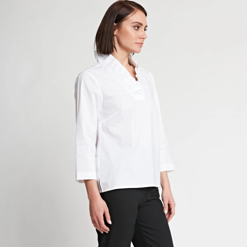 Hinson Wu Women's Shirts & Tops White / Extra Small Helena 3/4 Sleeve Ruffle Neck Cotton Top