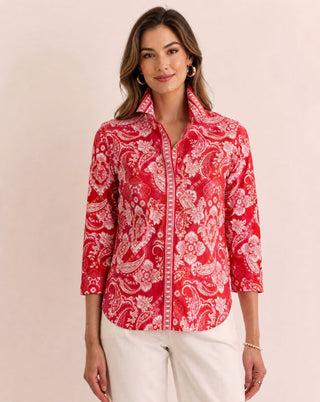 Paisley Print Cotton Shirt – Hinson Wu Woven/Knit 3/4 Sleeve Top in Red