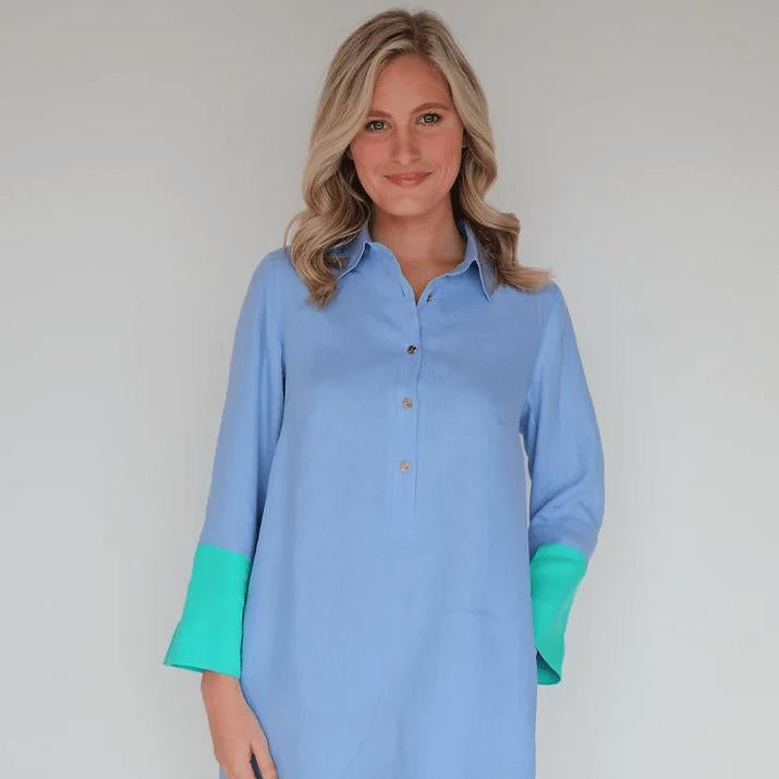 ILinen Women's Dresses Periwinkle/Mint Leaf / Extra Small Two Tone Shirt Dress