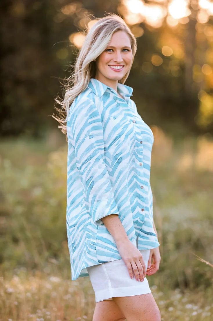 ILinen Women's Shirts & Tops Classic Button Down Shirt Turquoise Zebra