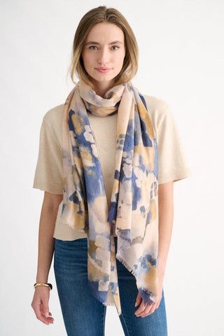 Kinross Abstract Print Scarf in Navy Multi, worn