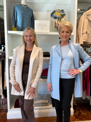 Kinross Rib Sleeve Coat with two models, one in birch on the left and horizon on the right