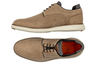 Martin Dingman CountryAire khaki suede plain toe shoe, sole detail with all-season rubber sole